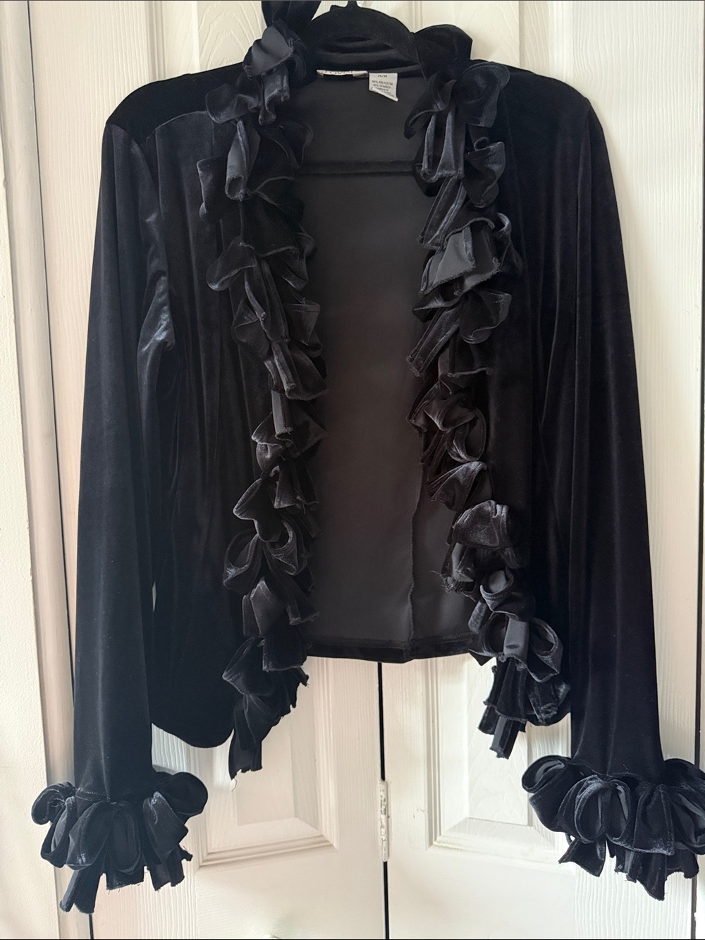 Black Velvet Ruffle Open Front Jacket